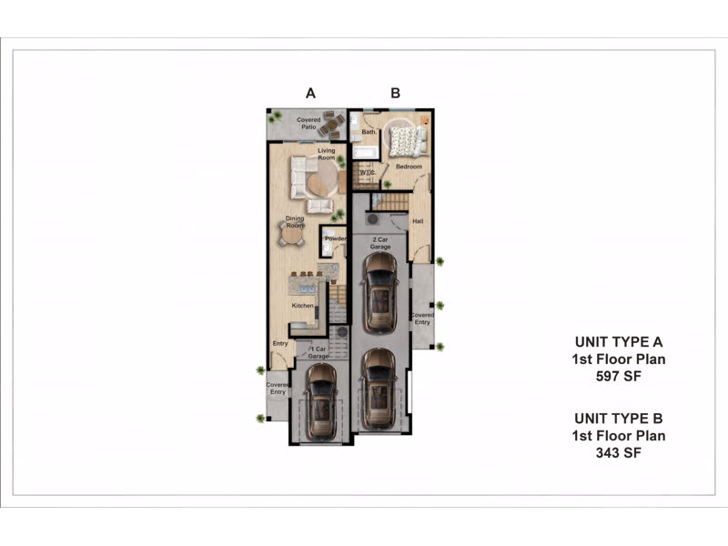 Plan 1245 &mdash; Duplex, 1,245 sq ft
