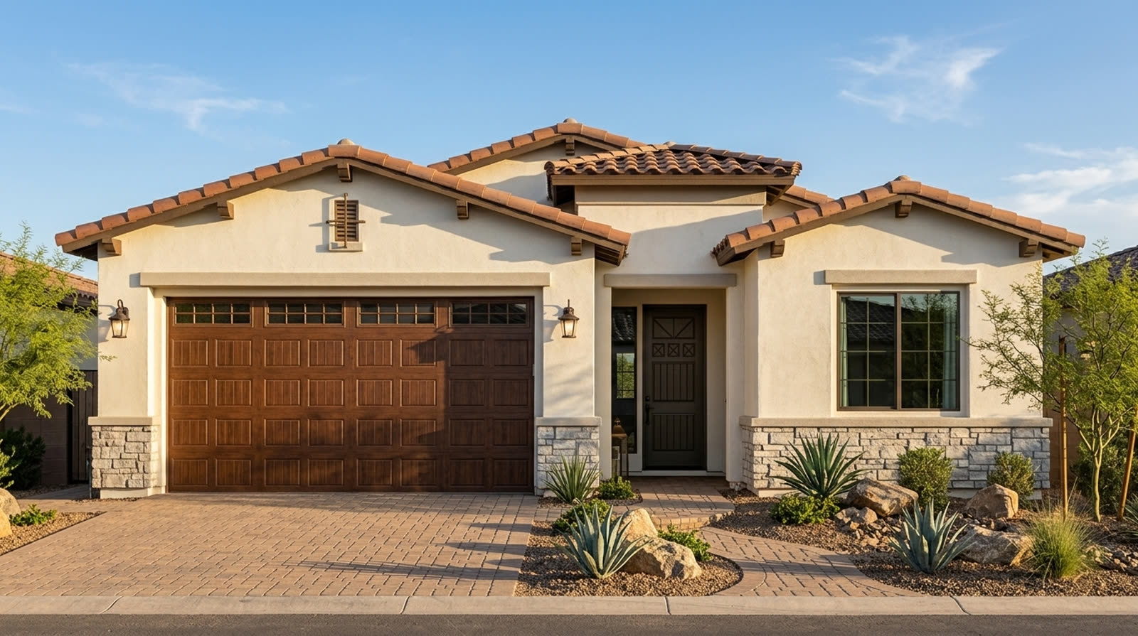 Plan 1761 single-level three-bedroom home, front rendering